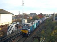 DRS 68008 passes Arbroath North signal box on 29 October with the Grangemouth-Aberdeen Intermodal.<br><br>[Sandy Steele 29/10/2014]