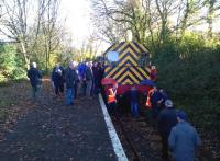 A 'seminar shot' in preparation at Coleslogett Halt on 29 November; the trip organizers being the Branch Line Society. [See image 49647]<br><br>[Ken Strachan 29/11/2014]