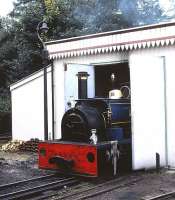 Hunslet Quarry Tank <I>Gerry M</I>, poking out of its shed at the Hollycombe Steam Collection near Liphook, Hampshire, on 30 August 1999. <br><br>[Peter Todd 30/08/1999]