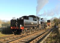 Ivatt 2-6-0 46447 in action on the East Somerset Railway on 13 December 2014.<br><br>[Peter Todd 13/12/2014]