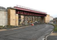 The new bridge taking the Borders Railway over Currie Road, Galashiels, looking south on 26 December 2014, with scaffolding now removed and 2-way traffic restored.<br><br>[John Furnevel 26/12/2014]