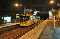 <I>The first of quite a few</I>. Metrolink 3001 calls at Dane Road with an evening service from Altrincham to Cornbrook. Dane Rd opened in 1931 when the MSJ&A was electrified. The M5000 fleet of trams was steadily expanded from its introduction in 2009 until, with the final 2016 delivery, it numbers 120 sets. <br><br>[Mark Bartlett 08/01/2015]