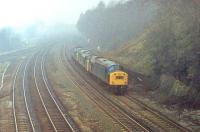 English Electric motive power heading east from Healey Mills in 1979. Locomotives 40196, 37160 and 40075 are approaching the rock cutting with the site of Horbury and Ossett station in the background and the marshalling yard beyond the distant bridge. All three locomotives are long scrapped, 37160 lasting the longest but withdrawn (as 37373) in 1993. <br><br>[Mark Bartlett 10/04/1979]