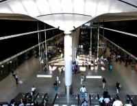 View from the top of the escalators at the cavernous Canary Wharf Jubilee Line Underground station in July 2005. [See image 5220]<br><br>[John Furnevel 22/07/2005]