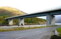 Road bridge deck on rail bridge supports. Creagan Viaduct, which once carried the Ballachulish branch over Loch Creran. The bridge was subsequently converted to carry road traffic. View north in September 2005.<br><br>[John Furnevel 29/09/2005]