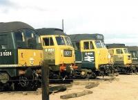 Lazy Sunday Afternoon. A few not so Small Faces relaxing over the weekend at Crewe north stabling point in September 1969. From left to right in the picture are D5024, D1962, D404, an EE Type 4, D1707 and D5010.<br><br>[John Furnevel 07/09/1969]