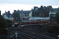 A 125 sits in Arbroath station viewed from Wellbank Junction. The original station here was further on and to the left - the line did not curve as it does today.<br><br>[Ewan Crawford //2005]