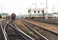 Looking north through Mossend Yard in 1996 with the locomotive holding sidings in the right background.<br><br>[John Furnevel 01/07/1996]