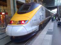 Despite the tail lights showing, this Eurostar has just arrived at Gare du Nord from St Pancras on 2nd August 2014 The low platform height allows a dramatic perspective.<br><br>[Ken Strachan 02/08/2014]