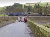 Looking over Bowland Bridge on 27 January as GBRf 66723 and 66747 propel the tracklaying train south.<br><br>[Bill Roberton 27/01/2015]
