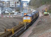 Gala Day! Galashiels on 3 February 2015 sees the tracklaying train with GBRf 66761 and 66741 in charge nearing its ultimate destination.<br><br>[Bill Roberton 03/02/2015]