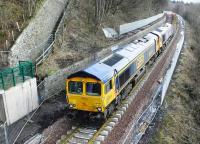 The tracklaying train in action at Galashiels on 4 February 2015 near the site of Selkirk Junction.<br><br>[Alasdair Taylor 04/02/2015]