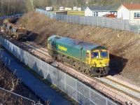 The Borders Railway ballast train was parked near the former Kilnknowe Junction on 10 February. Lead locomotive 66619 was detached and ran light to Tweedbank.<br><br>[Bill Roberton 10/02/2015]