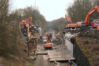 The road bridge carrying the A673 Chorley Road at Heath Charnock (NGR SD598147) was demolished on 14 February 2015 during a 54 hour possession. The view is south towards Adlington from a temporary footbridge that has been installed.<br><br>[John McIntyre 14/02/2015]