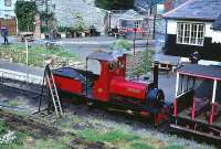 Hunslet Quarry engine <I>Covertcoat</I> operating on the Launceston Narrow Gauge Railway on 25 April 1993.<br><br>[Peter Todd 25/04/1993]