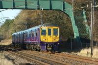 319366 still in FCC livery is now being used by Northern for driver training between Preston and Carnforth. The 5th return trip of 10 March 2015 running as 5Z36 is seen heading back to Preston approaching Brock.<br><br>[John McIntyre 10/03/2015]