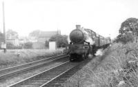 Wolverhampton based ex-GWR Castle class 4-6-0 no 5019 <I>Treago Castle</I> at the head of a train thought to be just north of Gobowen heading for Birkenhead in August 1960. [Ref long term query 13430]. <br><br>[David Stewart /08/1960]