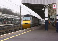 <I>Stand well back from the platform edge...</I>. A Virgin East Coast HST heads south at speed through Durham station on a dull 16 March 2015 on the 0952 Aberdeen to Kings Cross service.<br><br>[John McIntyre 16/03/2015]