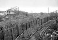 Looking across the running lines from the up side towards the signal box at Gartsherrie South Junction in November 1977 [Ref query 4423]<br><br>[Bill Roberton /11/1977]