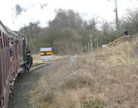 The main line connection for the Wensleydale Railway is a reversing siding at Castle Hills Junction alongside the ECML just north of Northallerton station.  K1 62005 sets off for Redmire on 21 March with the <I>Wensleydale and Durham Coast</I> tour that had originated at Carnforth that morning. [See image 50768] for the view from the other side of the train at this location. <br><br>[Mark Bartlett 21/03/2015]