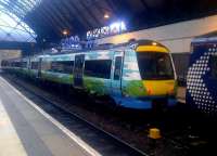 First ScotRail 170414 photographed following arrival at Glasgow Queen Street on 31 March 2015 with the 0945 ex-Edinburgh Waverley. [See image 50712]<br><br>[John Yellowlees 31/03/2015]