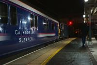 The first run of the Caledonian Sleeper under the new operator, Serco, at Preston station at 0100 on 1 April 2015. The train is the 1S25 London Euston to Aberdeen, Fort William and Inverness with traction supplied by GBRf in the form of 92018. <br><br>[John McIntyre 01/04/2015]
