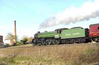 B1 61306 <I>'Mayflower'</I> at speed passing Crofton Pumping Station on the GWR Berks and Hants Line on 1 April 2015 with the <I>Cathedrals Express</I> bound for Kingswear.<br><br>[Peter Todd 01/04/2015]