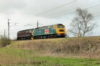 With less than 48 hours before the Network Rail suspension came into force West Coast 47580 <I>County of Essex</I> and 47760 run light engine from Preston to Carnforth at Garstang & Catterall on 1st April. The Brush 4s had brought <I>The Pendle Dalesman</I> from Rugby to Preston for onward S&C haulage by 45699 <I>Galatea</I>. <br><br>[Mark Bartlett 01/04/2015]