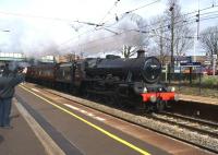 Ex LMS Jubilee 45690 <I>Leander</I> heads south at Leyland with the Preston to Shrewsbury leg of the <I>Salopian Express</I> on 28 March 2015. The tour had earlier arrived at Preston from Bishop Auckland diesel hauled.<br><br>[John McIntyre 28/03/2015]