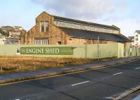 <I>The Engine Shed</I> alongside Stirling station, seen here on 1 April 2015.  Originally built as an ordnance depot in 1899 the building, known latterly as Forthside Barracks, is currently being refurbished and transformed into a centre for construction skills. The centre is due to open in the Spring of 2016 and will host events, exhibitions and other related activities. The building was never used as an engine shed.<br><br>[John Furnevel 01/04/2015]