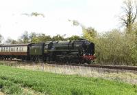 70000 <I>Britannia</I> at speed with the first leg of the <I>'Great Britain VIII'</I> railtour on 28 April 2015. Photographed westbound near Crofton on the GWR Berks and Hants line en route from London Victoria to Penzance. 66122 was bringing up the rear of the train.<br><br>[Peter Todd 28/04/2015]