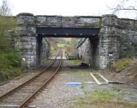 View from what was formerly the end of the island platform at Dolwyddelan on 14th April 2015. The infilled section in the parapet is where the access steps met the overbridge.<br><br>[Colin McDonald 14/04/2015]