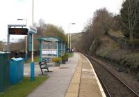 Platform scene at Dolwyddelan in April 2015. To the right of the now singled track through the station is an incline once used to bring down slate from the local quarries.<br><br>[Colin McDonald 14/04/2015]