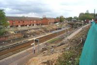 The transformation of Farnworth station is underway on 10 May 2015 with the up platform being removed to allow the realignment of the tracks when the larger tunnel is reopened later in 2015.<br><br>[John McIntyre 10/05/2015]