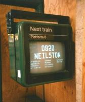 A previous generation of passenger display technology at Glasgow Central in October 1997. This national system restricted station names to 10 characters. That's not too bad here so long as you know that P' is Pollok. A little less elegant was ARDR'N HBR. It's probably best that I never found out what it made of Alfreton & Mansfield Parkway.<br><br>[David Panton 14/10/1997]