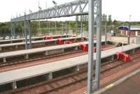 The light maintenance and stabling bays forming part of the ScotRail facilities on the south side of Bathgate station, photographed on 15 May 2015. As you might expect mid-morning on a Friday the bays stand empty.   <br><br>[John Furnevel 15/05/2015]