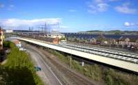 View over  Dundee station towards the Tay Road Bridge on 16th May 2015. The station currently has a temporary entrance in Riverside Drive near the Discovery Point Rotunda.<br><br>[Colin McDonald 16/05/2015]