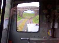 Looking South towards Kirkhaugh on the South Tynedale Railway, through the cab of the diesel locomotive on 22 May 2014 [see image 22542].<br><br>[Ken Strachan 22/05/2014]