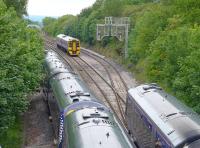 Scene at Dalmeny Junction during the Winchburgh Tunnel diversions on 18 June 2015. 158726 waits its turn to head to Edinburgh from Fife as trains to Dunblane (left) and from Dunblane (right) negotiate the Dalmeny loops.<br><br>[Bill Roberton 15/06/2015]