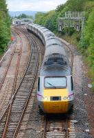 VTEC HST power car 43316 leads a service through the Dalmeny loops on 15 June.  Not unusual at first glance, but this is the up <I>Highland Chieftain</I> diverted through Fife because of the Winchburgh closure, running late because of a freight train failure on the HML.<br><br>[Bill Roberton 15/06/2015]