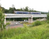 Train 2Z41, the 0959 Tweedbank - Newcraighall ScotRail crew training turn, crossing Hardengreen Viaduct on 20 July 2015 as it slows for the scheduled stop at Eskbank.<br><br>[John Furnevel 20/07/2015]