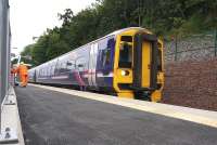 ScotRail 158729 runs south through Galashiels on 5 August 2015 on a crew training run with work in progress on the station platform. <br><br>[Bruce McCartney 05/08/2015]