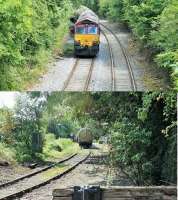 Two views of the Horrocksford branch on 7th August 2015. The first shows DRS 66054, in the run round loop with 14 empty tanks from Mossend, ready to propel its train along the branch and into the cement terminal. The second, taken from the West Bradford level crossing, shows the propelling movement taking place. This was done under radio control from a member of staff who was walking ahead of the train and operated the crossing lights. <br><br>[Mark Bartlett 07/08/2015]