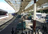 Ongoing refurbishment, repair and renewal work in progress at Wemyss Bay station on 7 August 2015.<br><br>[John Steven 07/08/2015]