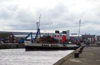 Compass Pier at Ayr Harbour on 10 August, with PS <I>Waverley</I> departing for Brodick, etc. She has to have her bow hauled round on the bow rope by the windlass to line her up for the harbour mouth, particularly with a good-going south - wester. Then it's full-ahead! <br><br>[Colin Miller 10/08/2015]