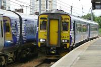 The 09.38 Glasgow Central to Stranraer runs into Platform 4 at Ayr on 12 August 2015..<br><br>[Colin Miller 12/08/2015]