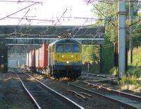 The Coatbridge to Crewe Freightliner container train approaches Leyland on 10 August 2015 hauled by 86637 and 86622 in matching <I>Powerhaul</I> livery.<br><br>[John McIntyre 10/08/2015]