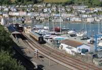 Elevated view of Kingswear station in July 2015. Class 03 D2371 is now employed here as station pilot and can just be seen inside the train shed. To the right of it is a replica signal box used as office accommodation by the railway. <br><br>[Mark Bartlett 31/07/2015]