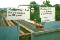 Signs on the footbridge at Springburn station in July 1997 when the service pattern was a little simpler.<br>
<br><br>[David Panton 17/07/1997]