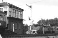 Alongside Kirkcaldy signalbox in 1976.  A class 101 dmu has the road, while 06008 is stabled in the yard.<br><br>[Bill Roberton //1976]